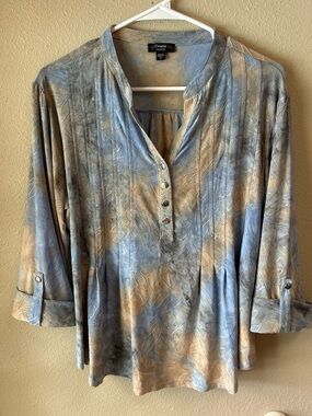 Cocomo Blue & Tan Pintuck Henley Tunic Blouse Size PL
